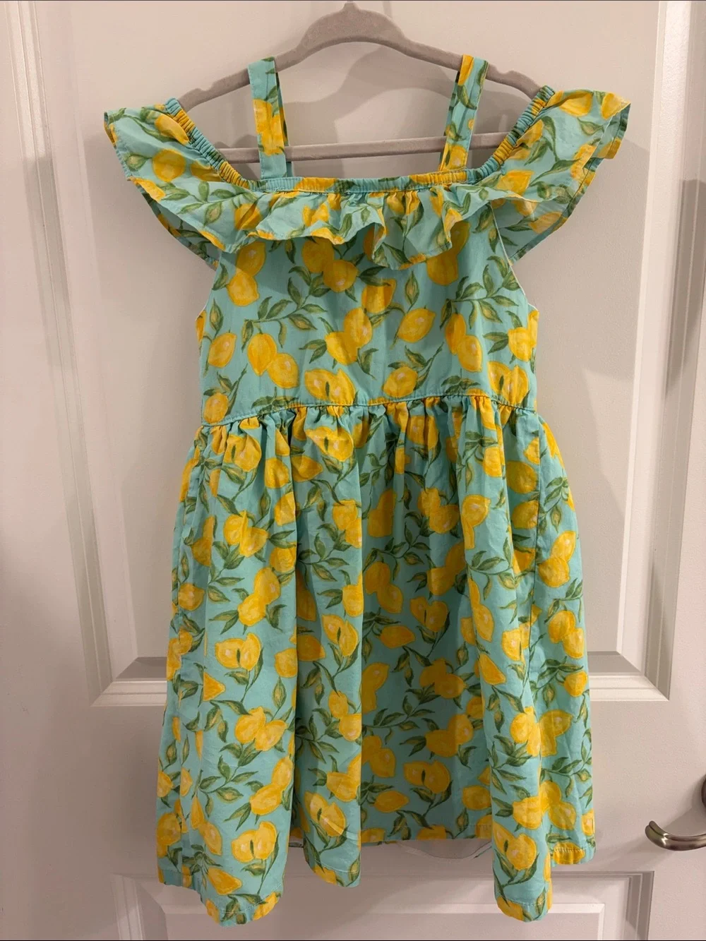 Girls Lemon Print Ruffle Strap Sundress - Aqua & Yellow